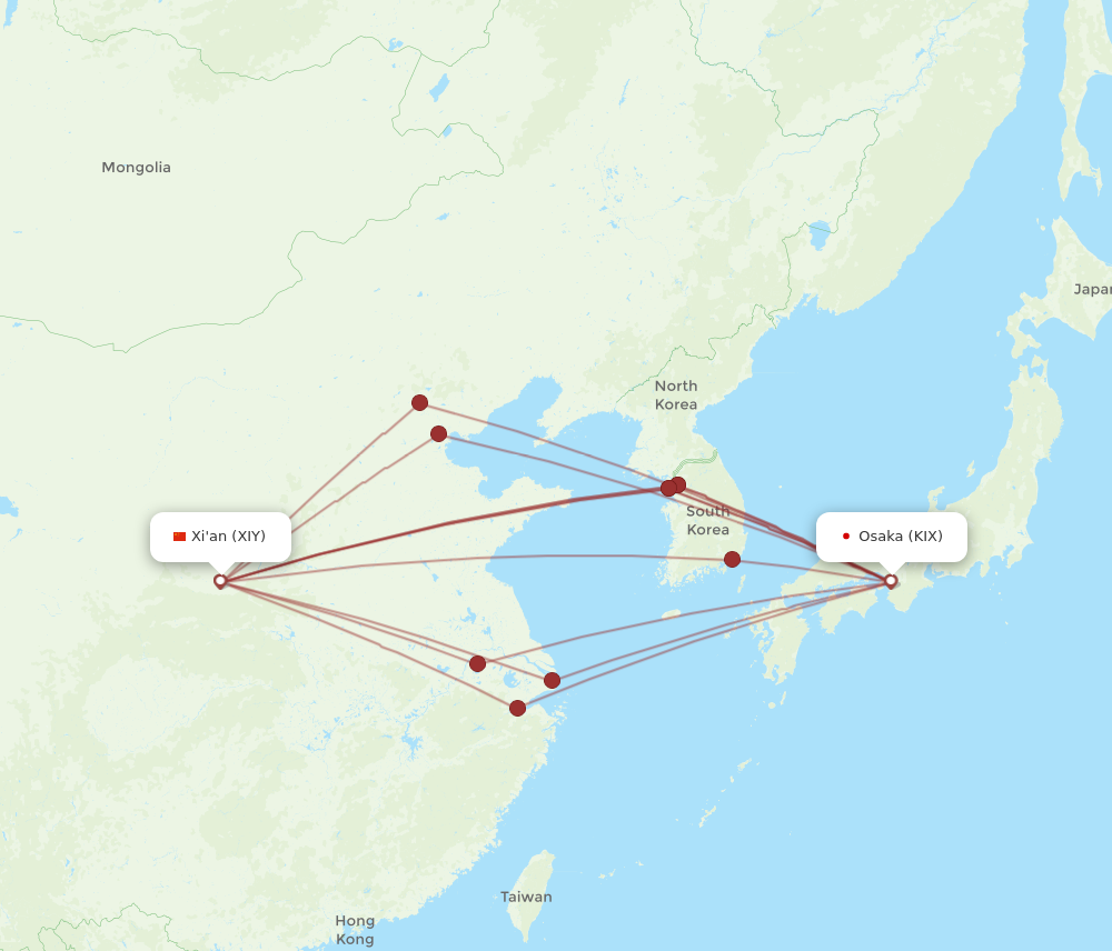 KIX to XIY flights and routes map