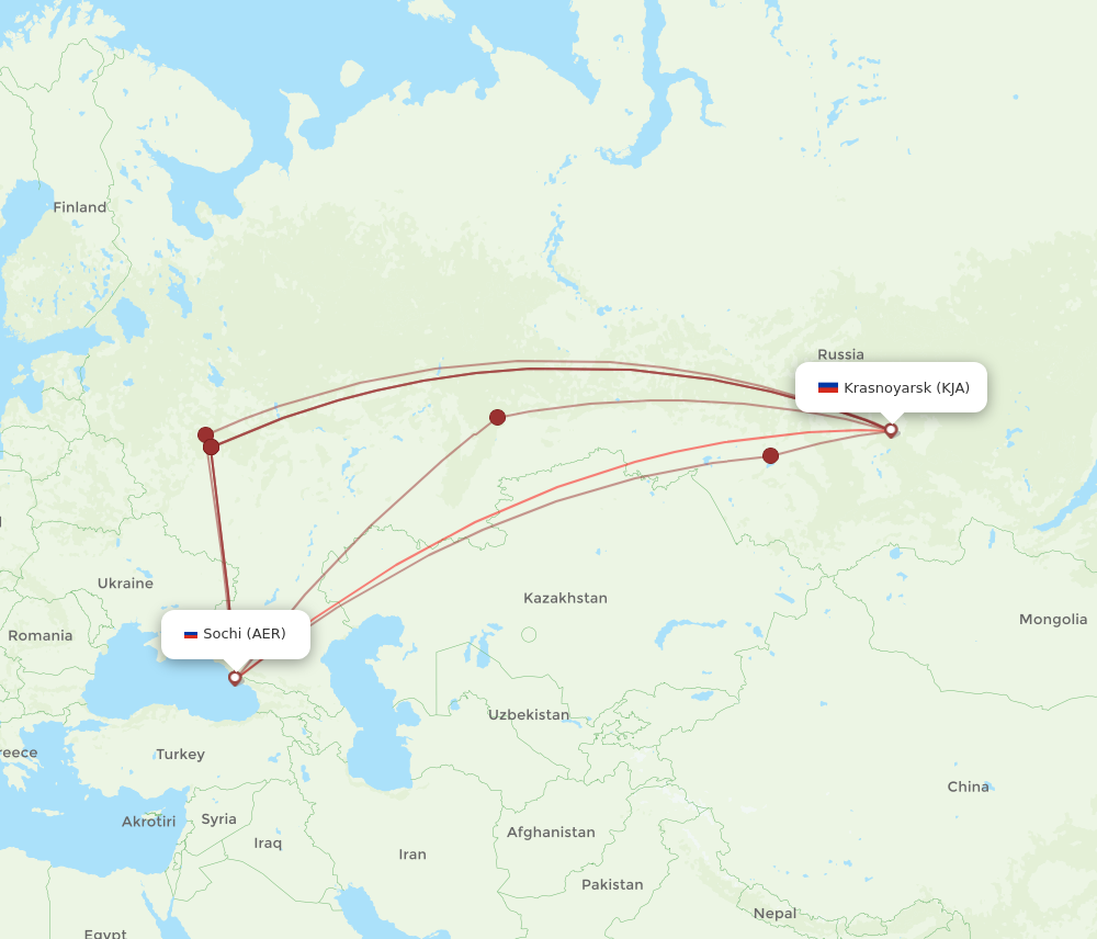 KJA to AER flights and routes map