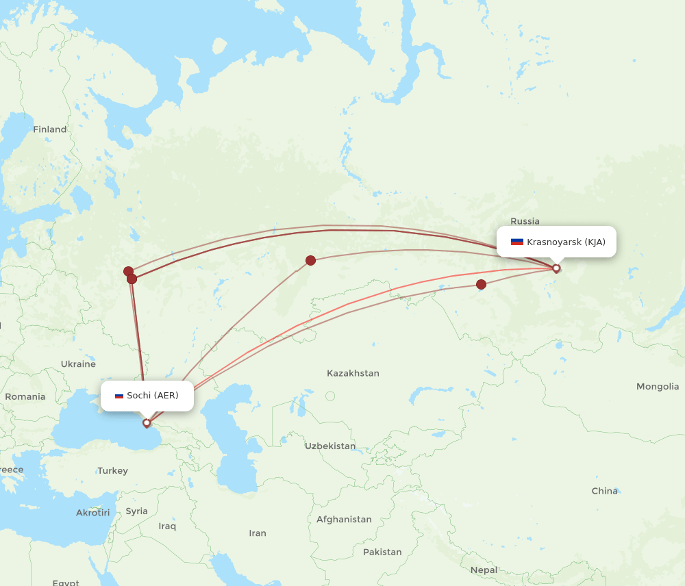 KJA to AER flights and routes map