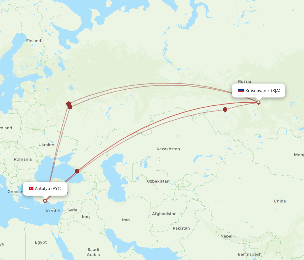 KJA to AYT flights and routes map