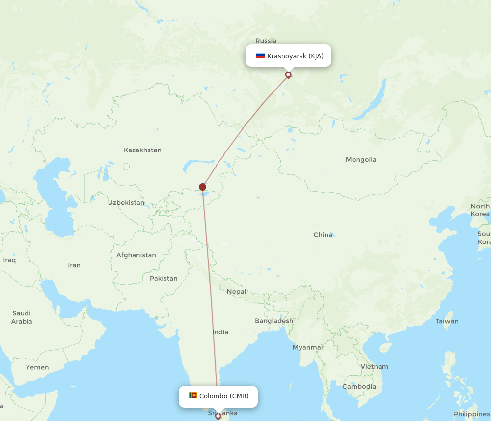 Colombo - Krasnojarsk route map and flight paths