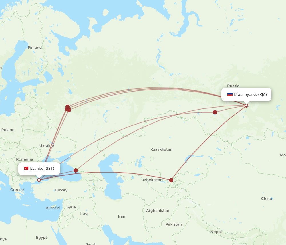 KJA to IST flights and routes map