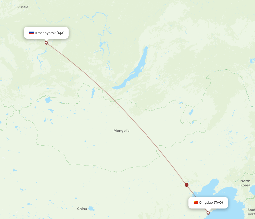 Qingdao - Krasnojarsk route map and flight paths