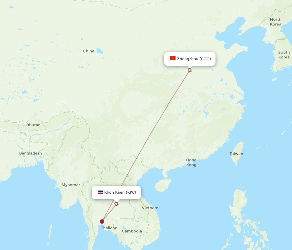 Zhengzhou - Khon Kaen route map and flight paths