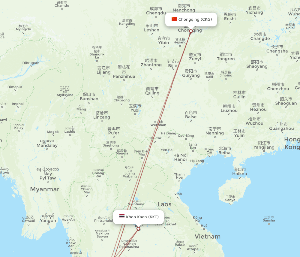 Chongqing - Khon Kaen route map and flight paths