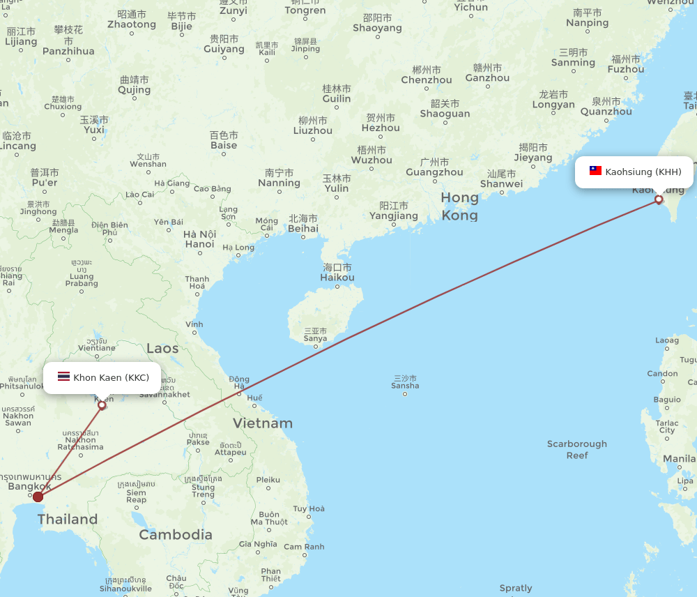 Kaohsiung - Khon Kaen route map and flight paths
