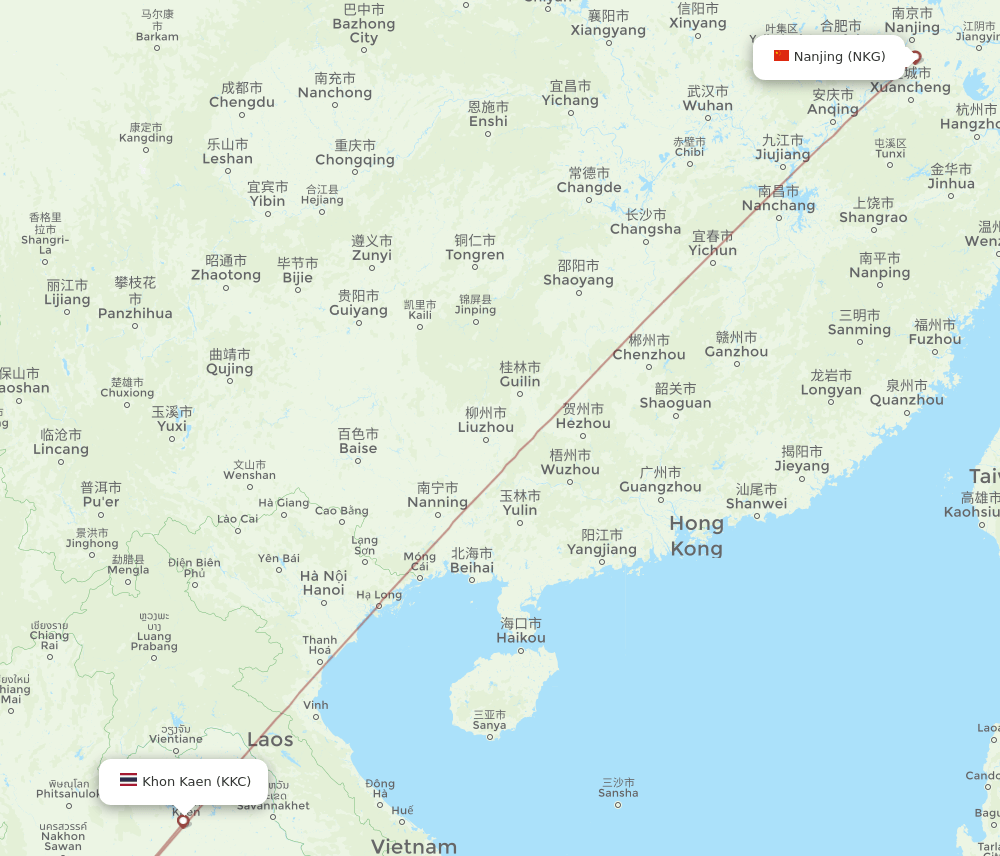 Nanjing - Khon Kaen route map and flight paths