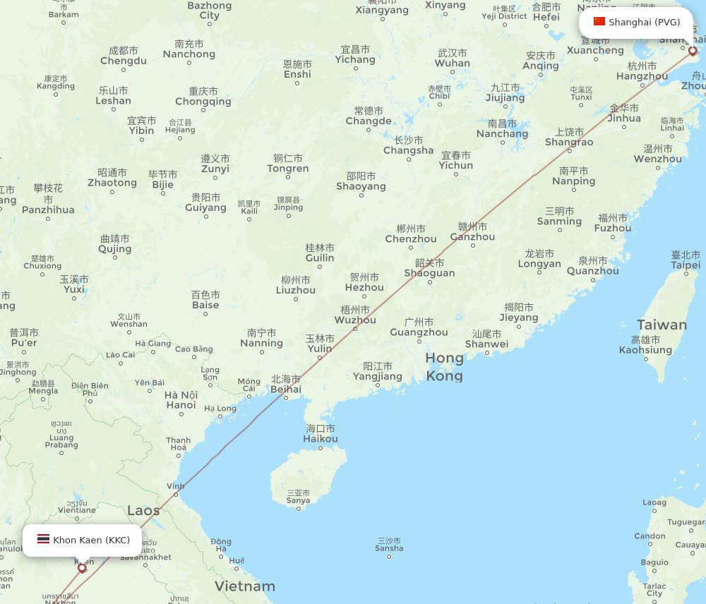 Shanghai - Khon Kaen route map and flight paths