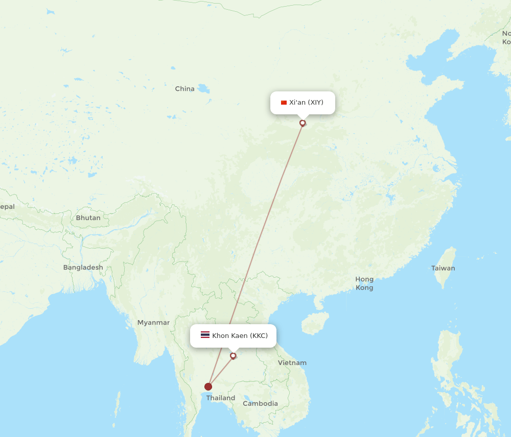 Xian - Khon Kaen route map and flight paths