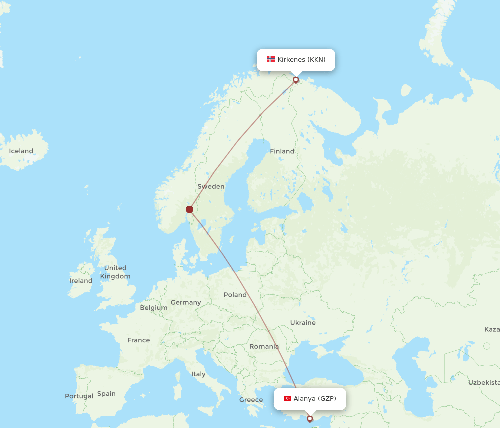 KKN to GZP flights and routes map