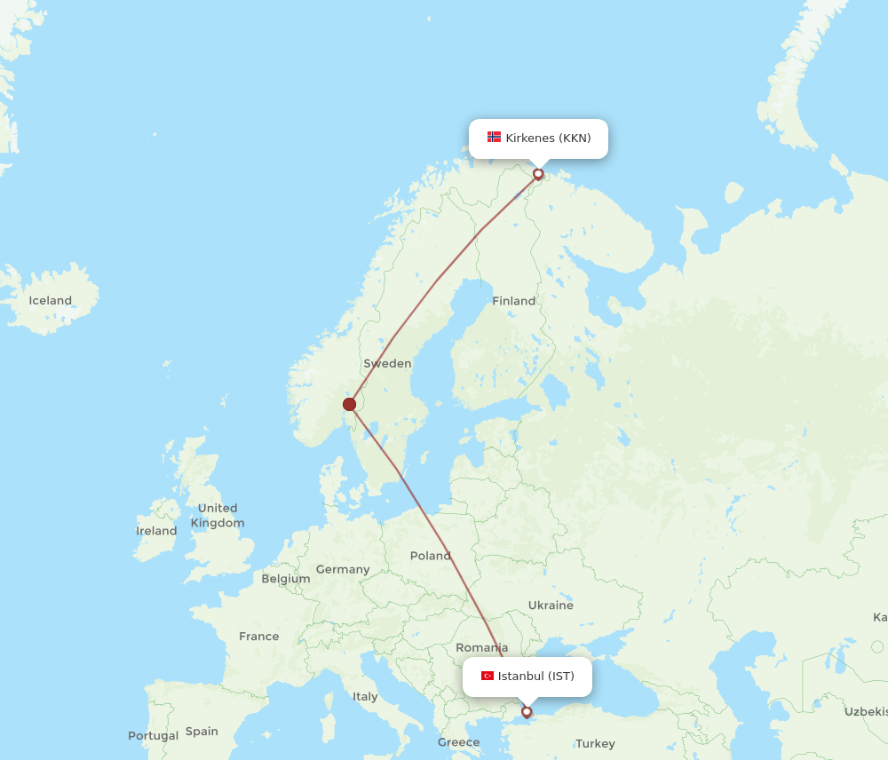 Istanbul - Kirkenes route map and flight paths