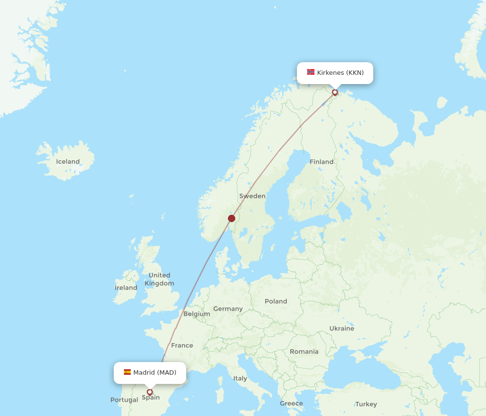 Madrid - Kirkenes route map and flight paths