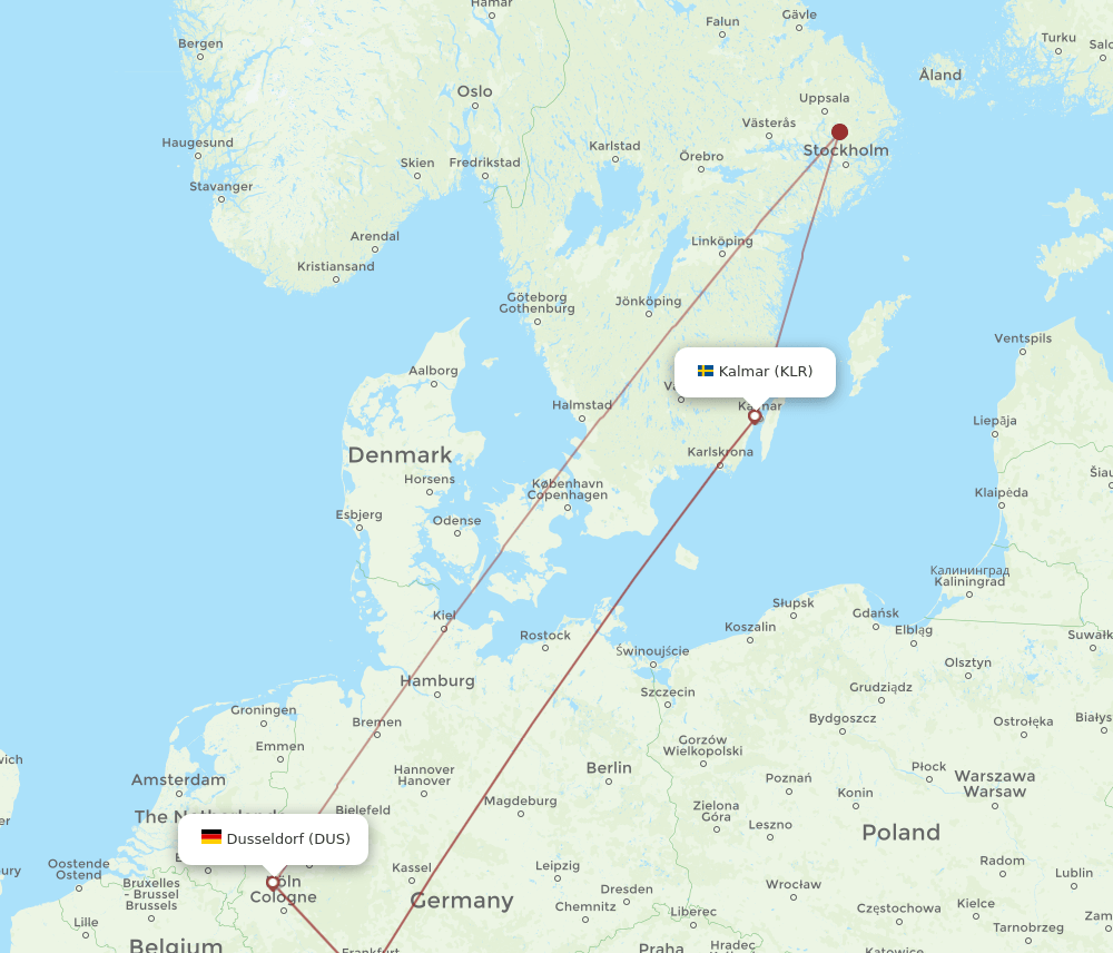 Kalmar - Dusseldorf route map and flight paths