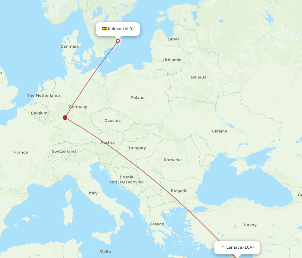 Larnaca - Kalmar route map and flight paths