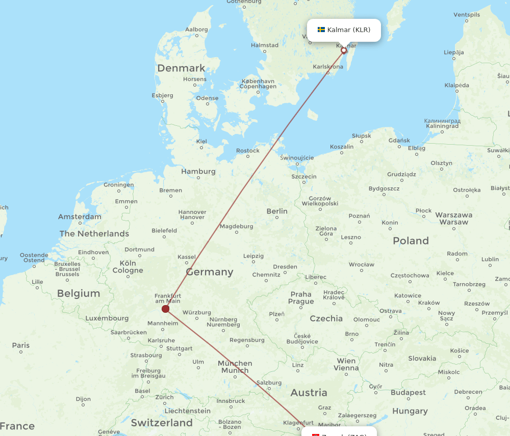 Zagreb - Kalmar route map and flight paths