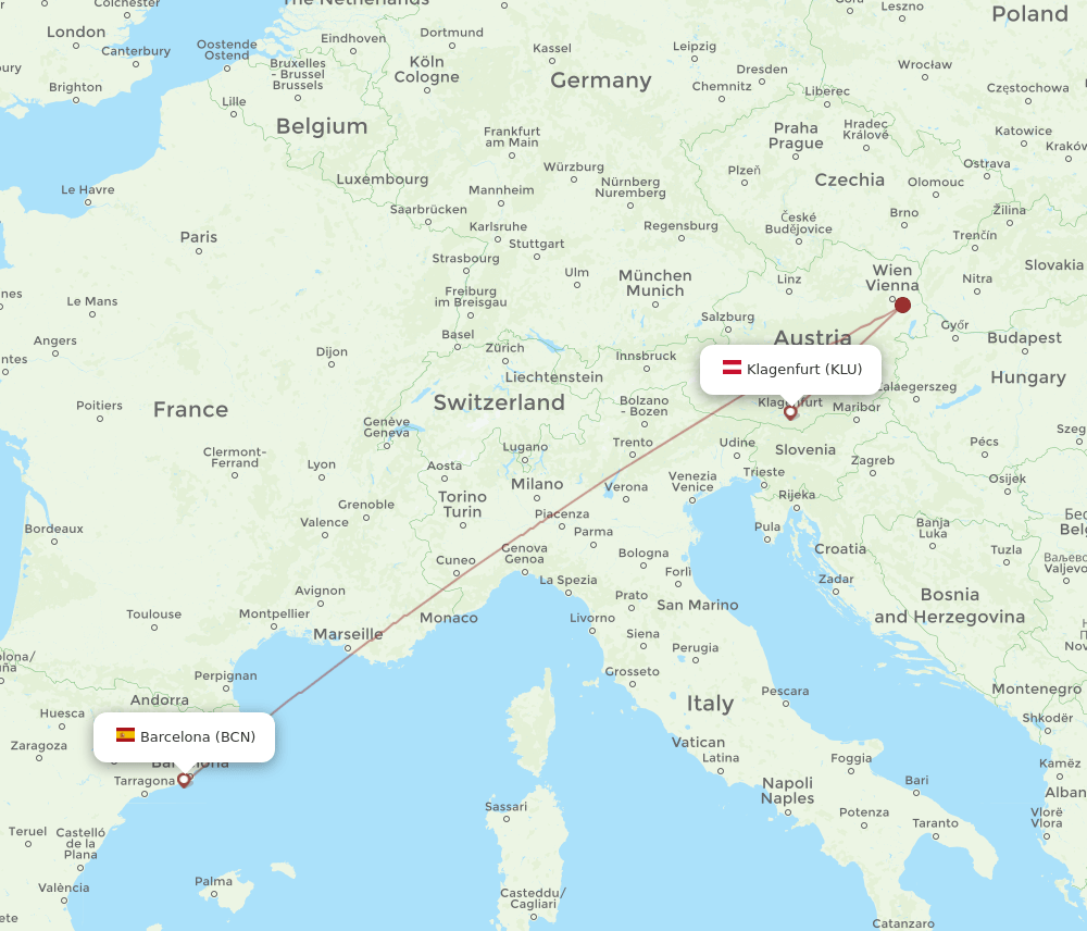 KLU-BCN flight routes