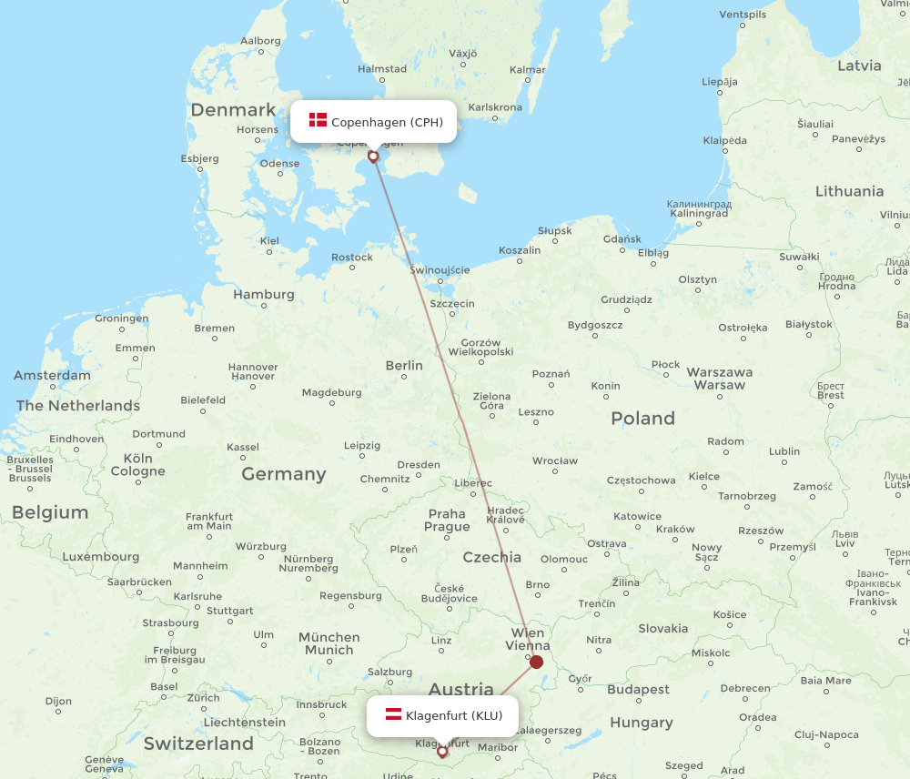 KLU-CPH flight routes