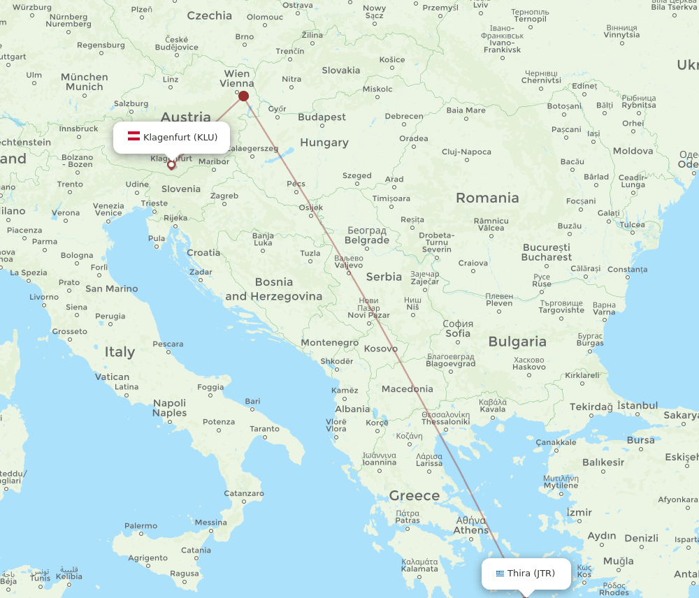 Thira - Klagenfurt route map and flight paths