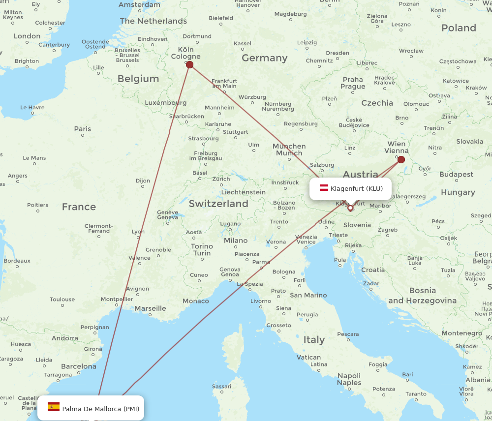 KLU to PMI flights and routes map