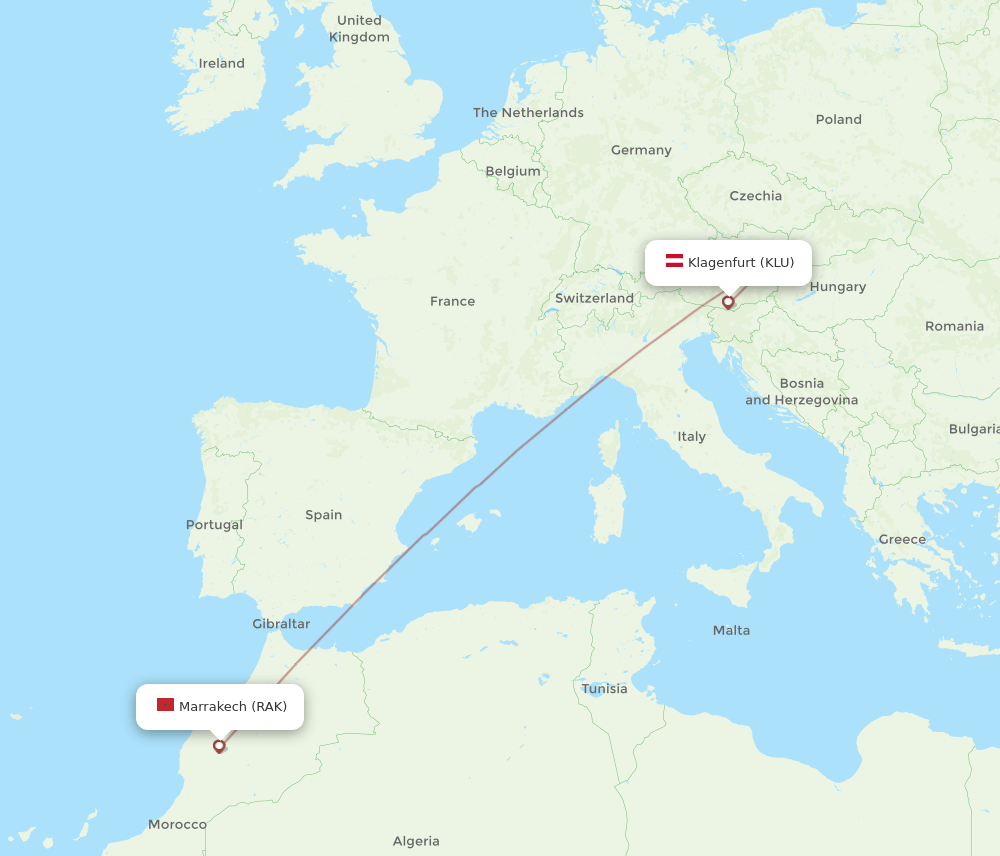 KLU-RAK flight routes