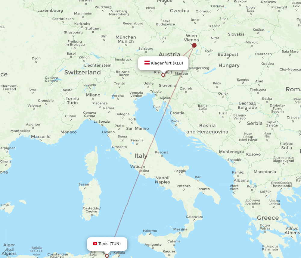 KLU to TUN flights and routes map