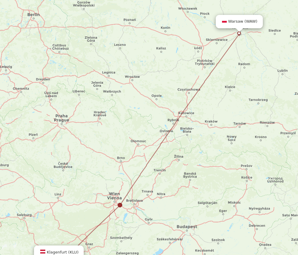 KLU to WAW flights and routes map
