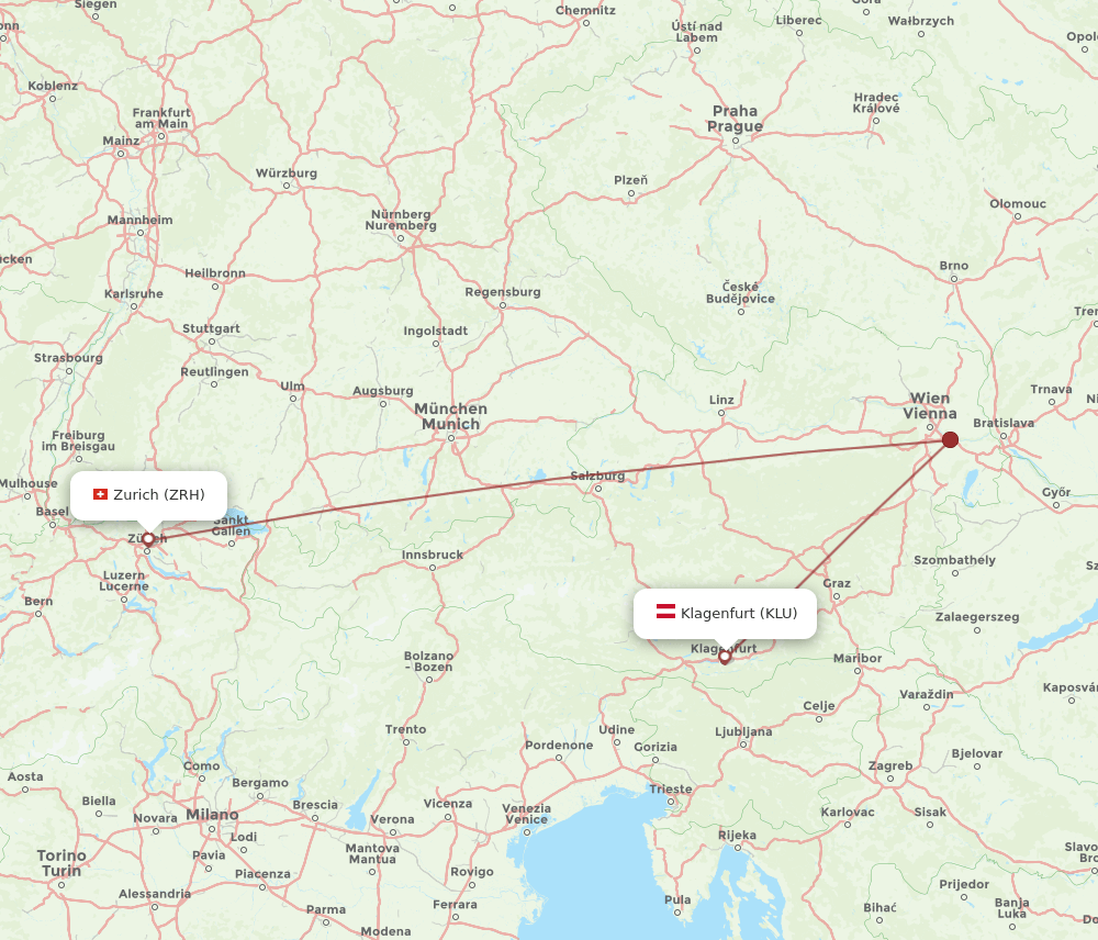 Zurich - Klagenfurt route map and flight paths