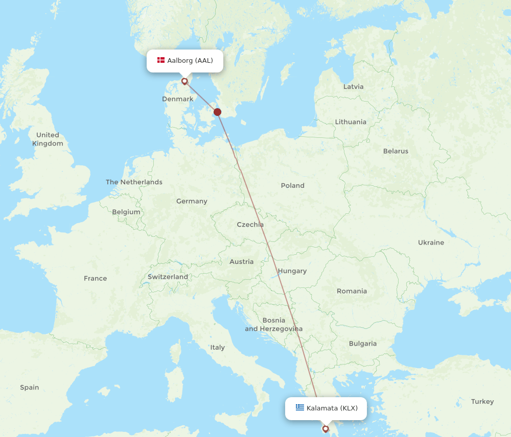Kalamata - Aalborg route map and flight paths