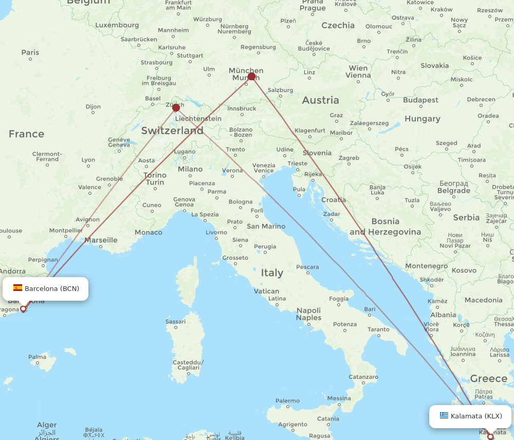 KLX-BCN flight routes
