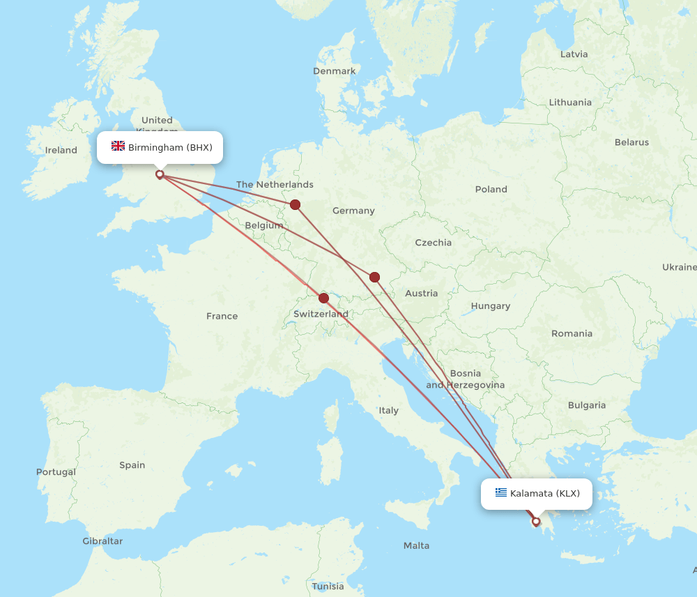 KLX-BHX flight routes
