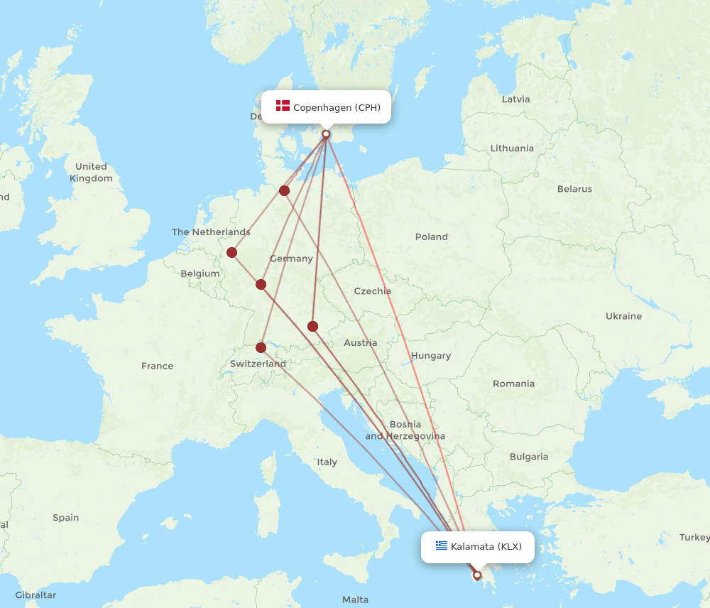 KLX-CPH flight routes