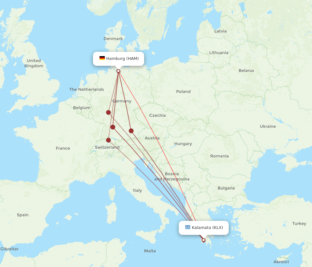 KLX-HAM flight routes