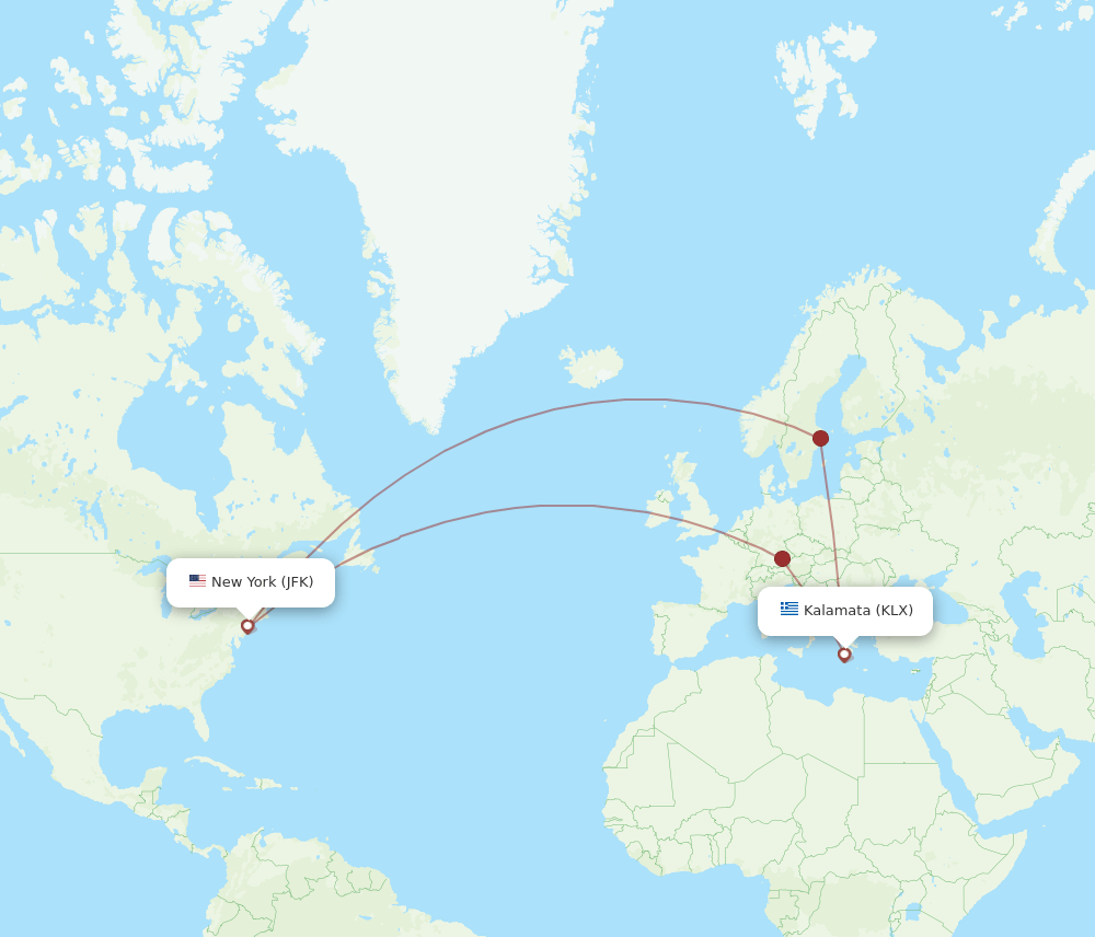 KLX-JFK flight routes