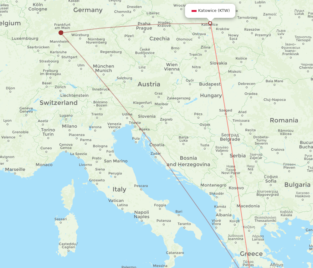Katowice - Kalamata route map and flight paths