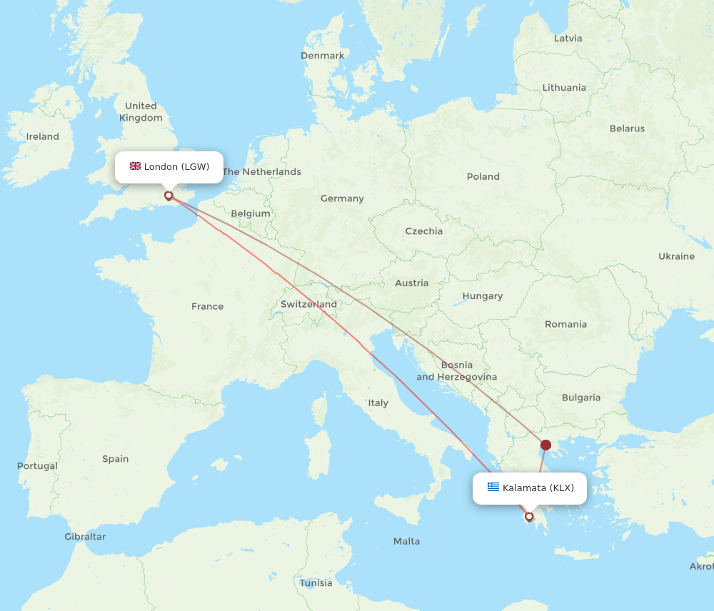 KLX to LGW flights and routes map