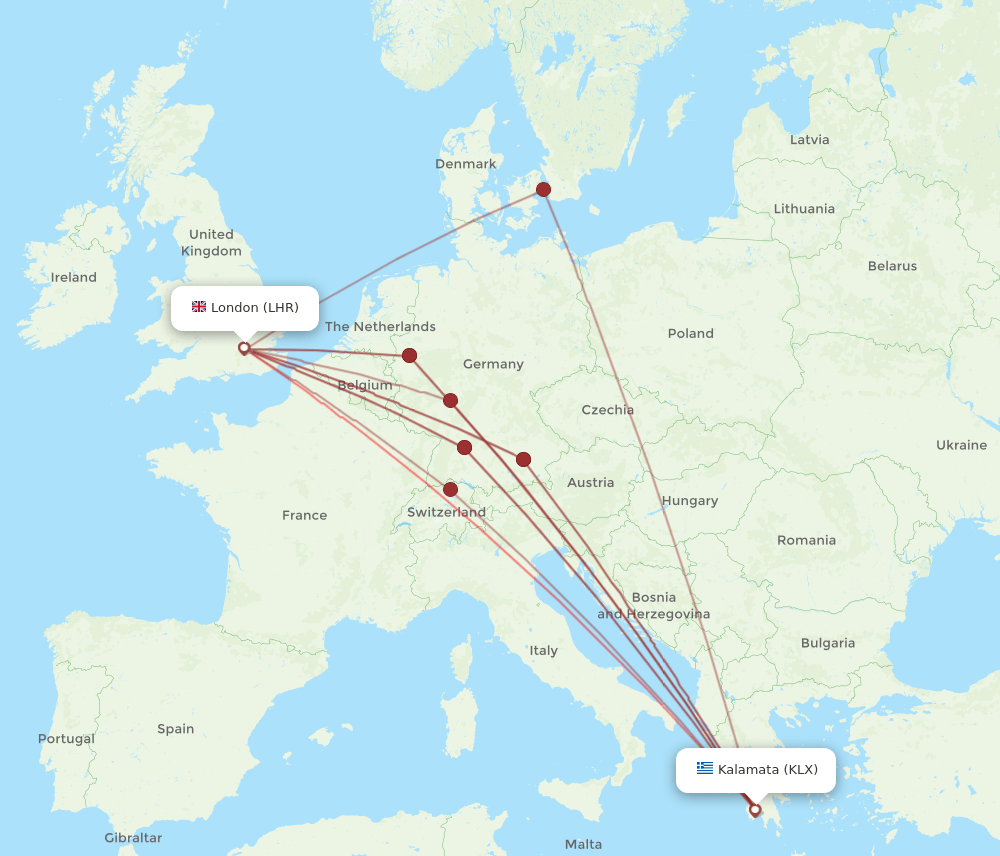 KLX-LHR flight routes