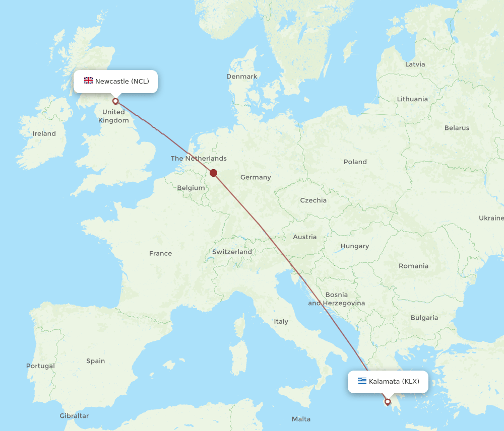 KLX-NCL flight routes