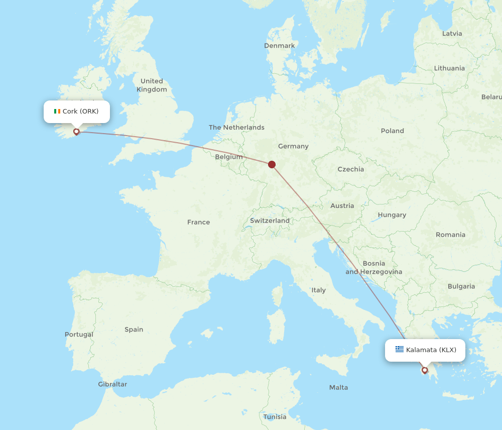 Cork - Kalamata route map and flight paths