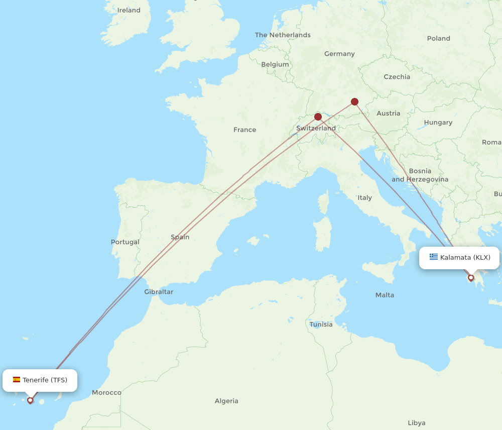 Tenerife - Kalamata route map and flight paths