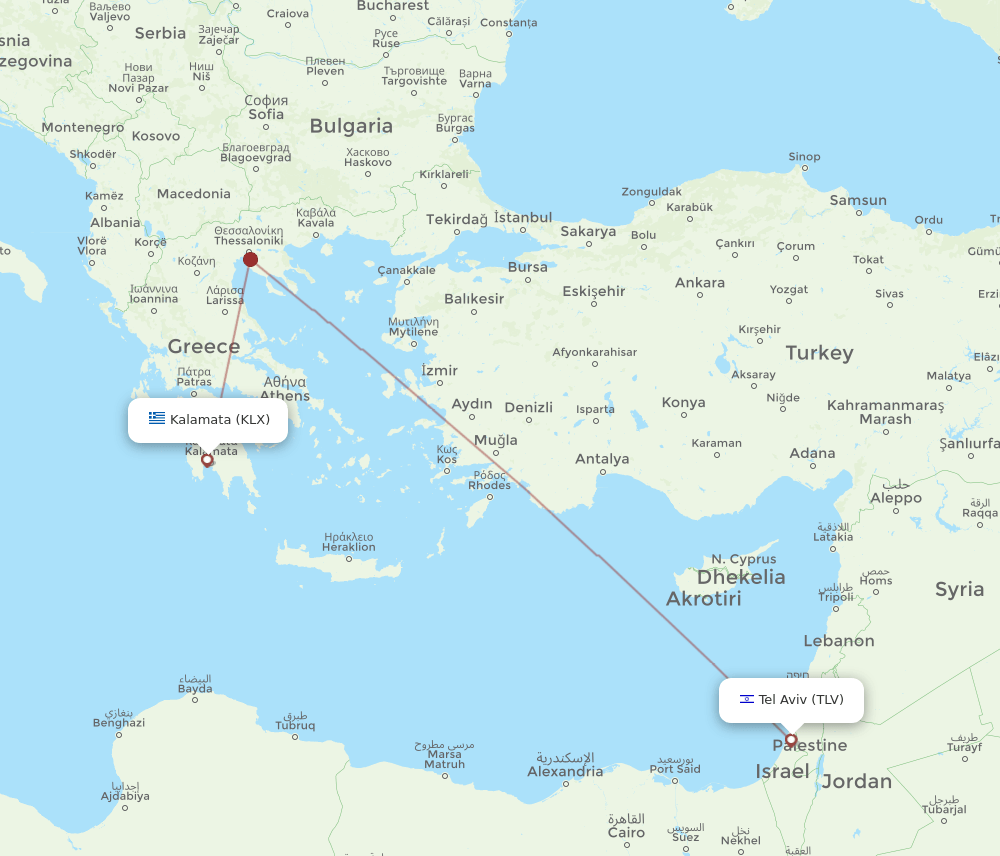 Tel Aviv-Yafo - Kalamata route map and flight paths