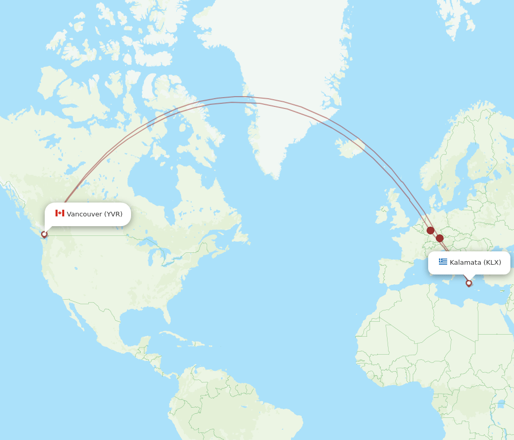 KLX-YVR flight routes
