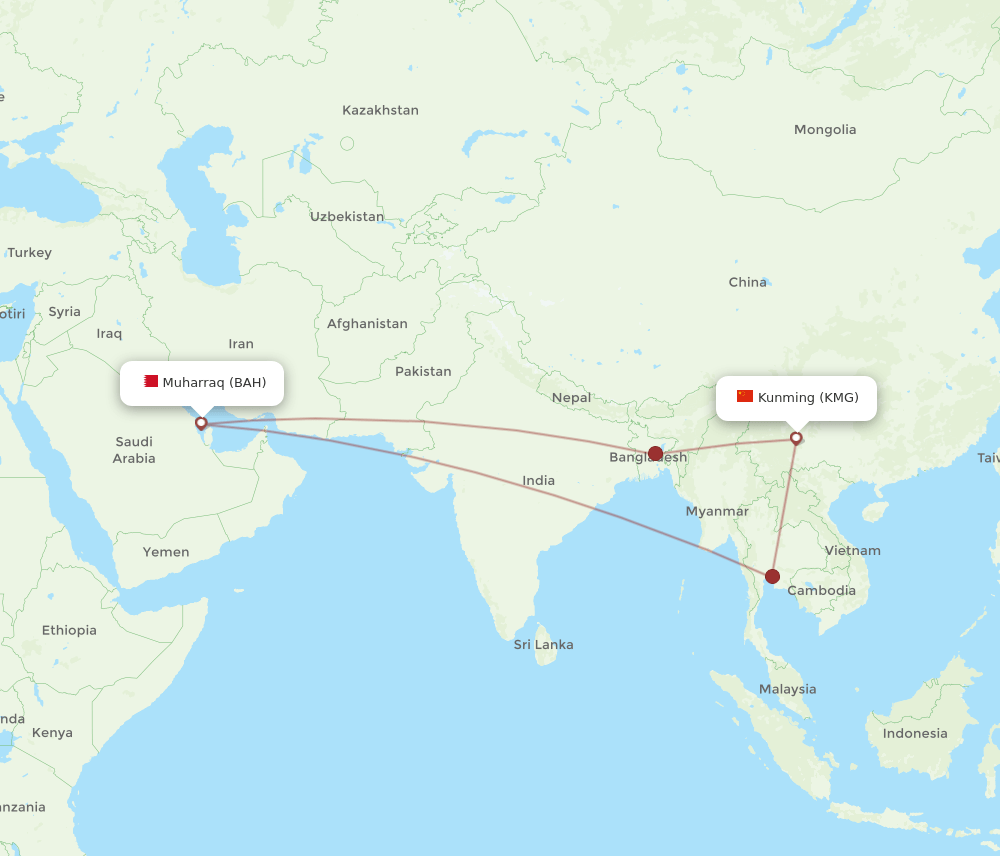 Bahrain - Kunming route map and flight paths