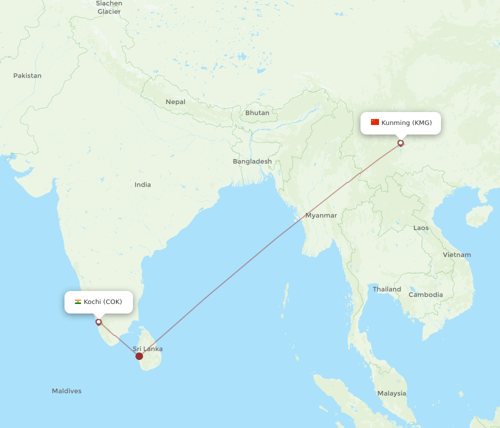 Kochi - Kunming route map and flight paths