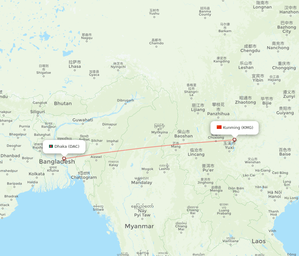 KMG to DAC flights and routes map