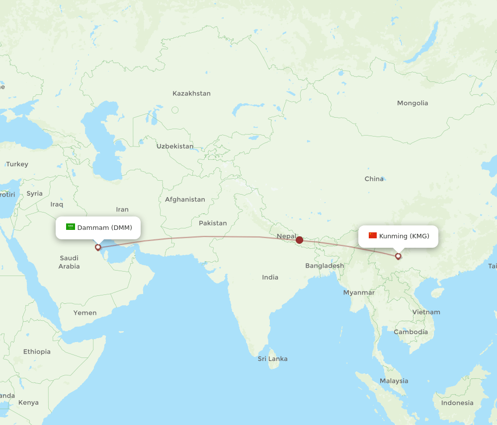 Dammam - Kunming route map and flight paths