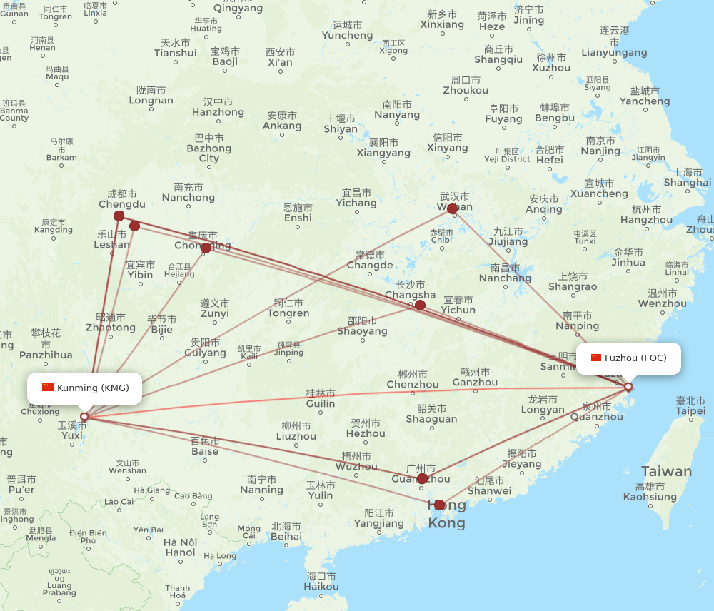 KMG to FOC flights and routes map
