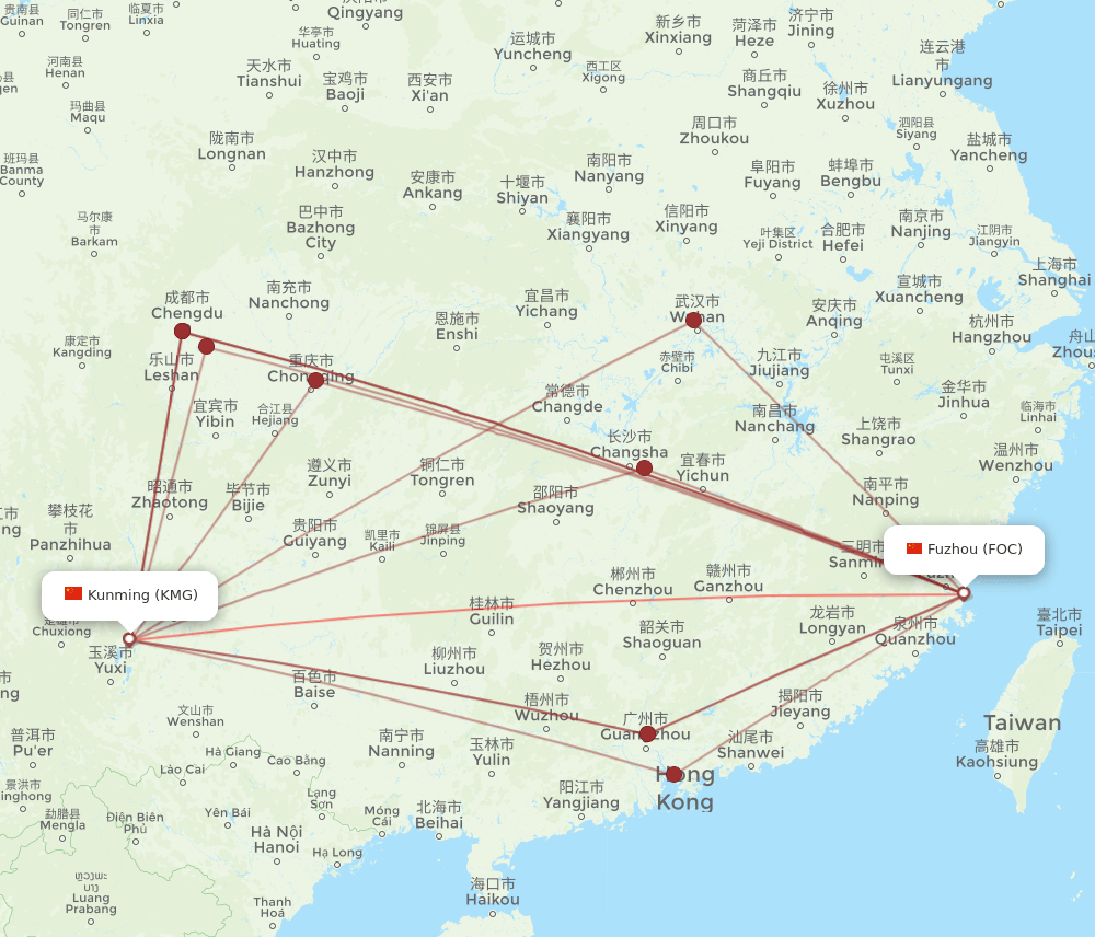 KMG-FOC flight routes