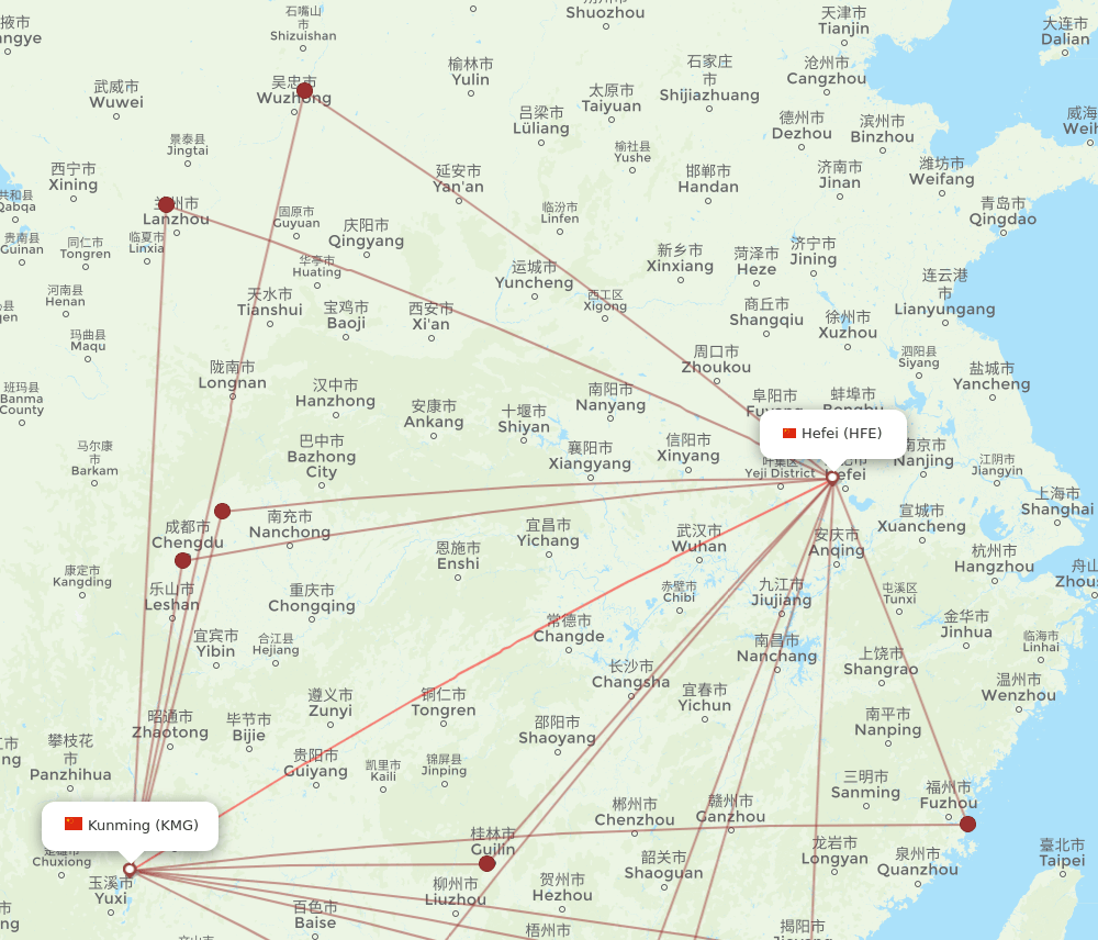 KMG-HFE flight routes