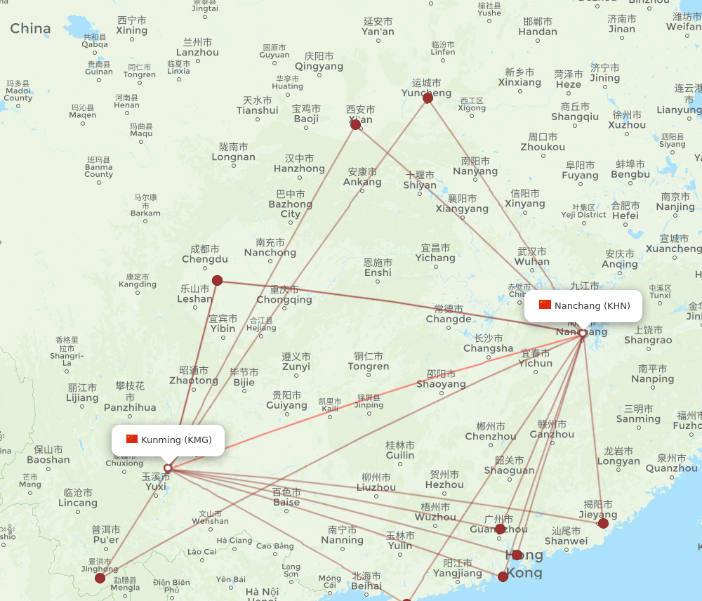 KMG-KHN flight routes