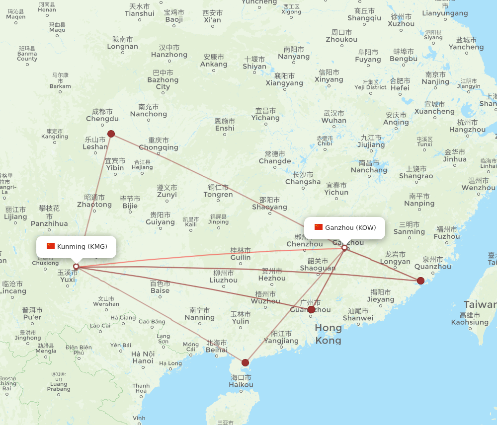 KMG to KOW flights and routes map